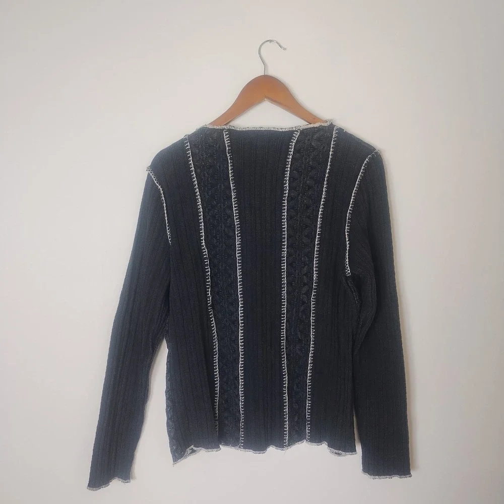 Oli & Hali Ribbed Knit Lace Top Womens Medium Gray Contrast Stitch Boho Grunge - Picture 4 of 9